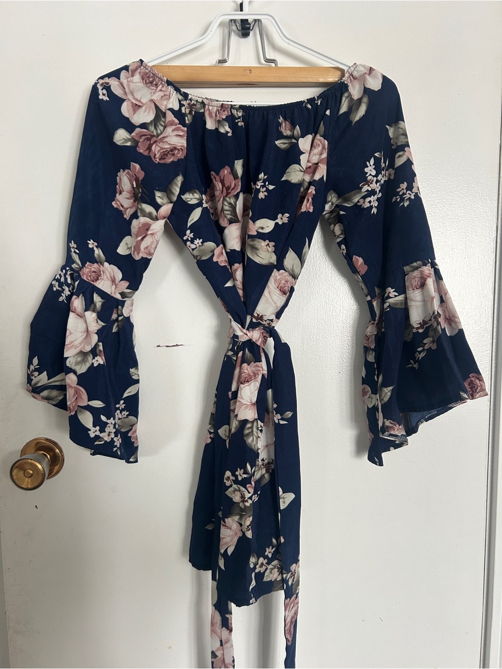 Navy Floral Off-Shoulder Mini Dress with Tie Waist